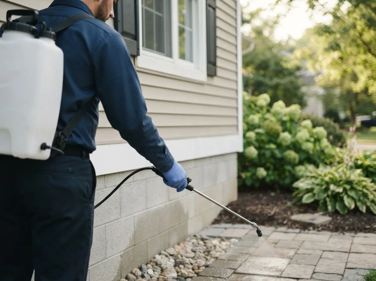 Pest control technician inspecting a home in Burr Oak, MI